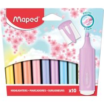 10 Surligneurs - Couleurs Pastel - Pointe Biseautée - Vert, Bleu, Turquoise, Violet, Rose, Orange, Jaune - Maped