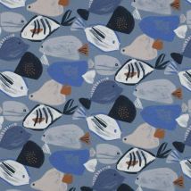 Tissu Toile Canvas Poissons Sur Fond Bleu Ancien - Au Mètre - Craftine
