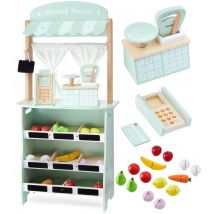 Mamabrum Marchande Enfant & Théâtre En Bois 97*48*24 Cm - 2en1 Grand Stand Vendeur - Terminal, Balance Fruits & Légumes Vert Pastel