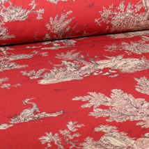 Tissu Toile De Jouy Grande Largeur Au Fil Du Temps Sur Fond Rouge - Au Mètre - Craftine