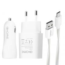 Pack 3 En 1 Chargeur Secteur 2.1a Chargeur Voiture 2.1a Et Câble Micro-usb Blanc - Avizar