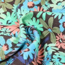 Tissu Viscose Lin Imprimé Fleurs Bleues Sur Fond Gris Anthracite - Au Mètre - Craftine