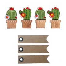 4 Autocollants Bois Cactus 6,1 Cm + 20 Étiquettes Kraft Fanion - Youdoit