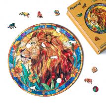Puzzle En Bois Adulte Et Enfant Figured'art 200 Pièces Animaux - Lion Vitrail - Design Original 28,5x28,5 Cm Forme Unique Avec Coffret En Bois