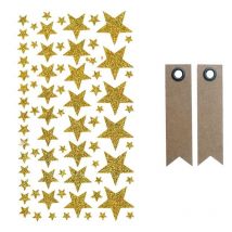 Stickers Étoiles À Paillettes Dorées + 20 Étiquettes Kraft Fanion - Youdoit