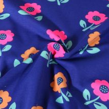 Tissu Jersey Coton Poppy Fleurs Oranges Et Rose Fluo Sur Fond Bleu Roi - Au Mètre - Craftine