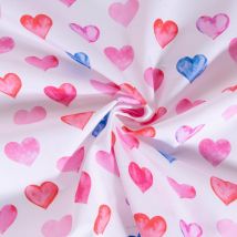 Tissu Coton Imprimé Coeur Rouge, Bleu Et Rose Sur Fond Blanc - Craftine