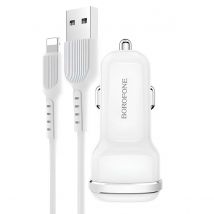 Borofone Chargeur Voiture 2x Usb Avec Câble Lightning Inclus Charge Rapide Blanc