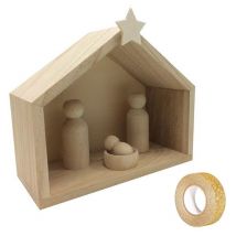 Crèche Bois + Pions 18 X 8 X 15 Cm + Masking Tape Doré À Paillettes 5 M - Rayher