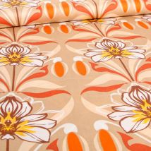 Tissu Viscose Satiné Fleur De Lys Orange Sur Fond Beige - Craftine