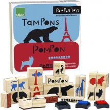 Coffret Tampons Pompon Vilac - Bois Et Caoutchouc - 23 Tampons Et 3 Encreurs - 0,48 Kg