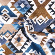 Tissu Jacquard Kilim Motif Géométrique Sur Fond Bleu - Craftine