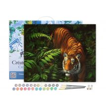 Peinture Par Numéro Figured'art Avec Cadre - Tigre Dans Les Fougères - Kit De Loisir Créatif Diy Numéro D'Art - 40x50cm Toile Tendue Sur Châssis