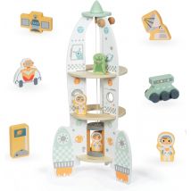 Jouet En Bois Fusée Spatiale Ascenseur & Accessoires À Construire, Garage Enfant, 2 Astronautes - Mamabrum