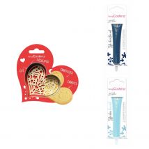 Kit Pour Biscuit En Relief Coeur + 2 Stylos Au Chocolat Bleu Nuit Et Bleu Pastel - Scrapcooking