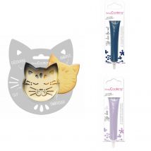 Kit Pour Biscuit En Relief Chat + 2 Stylos Au Chocolat Bleu Nuit Et Lilas - Scrapcooking
