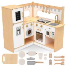 Cuisine Enfant Bois, Cuisine D'Angle - Interactive, Réfrigérateur, Four, Lave-linge, Bois Naturel - Mamabrum