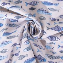 Tissu Coton Imprimé Arty Poissons Bleus Et Blancs Sur Fond Gris - Au Mètre - Craftine
