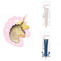 Kit Pour Biscuit En Relief Licorne + 2 Stylos Au Chocolat Blanc Et Bleu Nuit - Scrapcooking