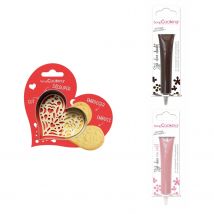Kit Pour Biscuit En Relief Coeur + 2 Stylos Au Chocolat Marron Et Rose Pastel - Scrapcooking