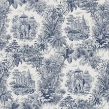 Tissu Coton Lin Jouy Maharani Marine Sur Fond Lin Naturel - Au Mètre - Craftine
