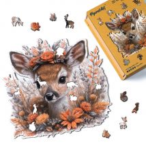 Puzzle En Bois Adulte Et Enfant Figured'art 200 Pièces Animaux - Faon Et Fleurs - Design Original 28,2x28,5 Cm Forme Unique Avec Coffret En Bois