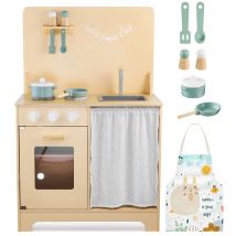Mamabrum Cuisine Enfant En Bois Avec Eclairage Led + Tablier & Accessoires En Bois - Four Placard Avec Rideau - Ce & En - Beige