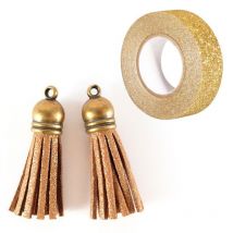 2 Minis Pompons Dorés En Suédine 4 Cm + Masking Tape Doré À Paillettes 5 M - Youdoit