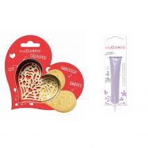 Kit Pour Biscuit En Relief Coeur + Stylo Au Chocolat Lilas - Scrapcooking