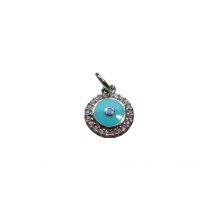 Pendentif Rond Micro Zircon Émail Turquoise - 12.5*10mm - Laiton Argenté - - PAS DE MARQUE -