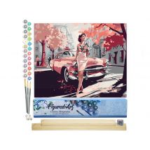 Peinture Par Numéro Figured'art - Femme Et Voiture Classique Rose - Kit De Loisir Créatif Diy Numéro D'Art Complet - 40x50cm Toile Roulée + Châssis En