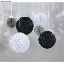 Boules Alvéolées À Suspendre, 5/8/10cm Coul. Assorties, 6pces, Noir/blanc/gris - Rayher
