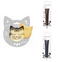 Kit Pour Biscuit En Relief Chat + 2 Stylos Au Chocolat Marron Et Noir - Scrapcooking
