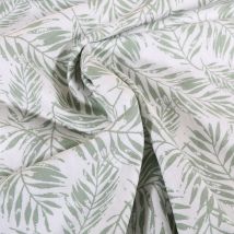 Tissu Popeline De Coton Feuillage Vert Amande Sur Fond Blanc Cassé - Craftine