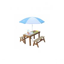 Axi Dennis Table Sable Et Eau Picnic Avec Cuisine Evier Et Banc Marron Parasol Bleu Blanc - Axi House