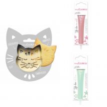 Kit Pour Biscuit En Relief Chat + 2 Stylos Au Chocolat Rose Pastel Et Vert D'Eau - Scrapcooking