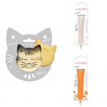 Kit Pour Biscuit En Relief Chat + 2 Stylos Au Chocolat Blanc Et Orange - Scrapcooking