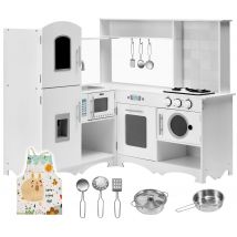 Cuisine Enfants Bois Angle - Disposition L - Grand Frigo Plaque De Cuisson Lave Linge Micro-ondes - Mamabrum