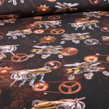 Tissu Jersey Coton French Terry Mécanicus Sur Fond Marron Foncé - Au Mètre - Craftine