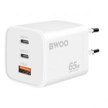 Bwoo Chargeur Secteur Gan 65w Multiports 2x Usb C Et 1x Usb Compact Blanc