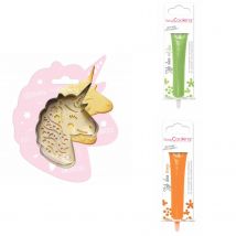 Kit Pour Biscuit En Relief Licorne + 2 Stylos Au Chocolat Vert Clair Et Orange - Scrapcooking