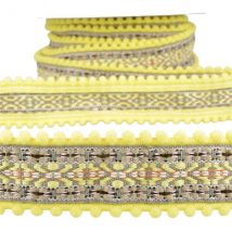 Bobine 10m Galon Jacquard Pompons Jaune Paille 37mm - My mercerie