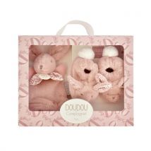 Lapin Doudou - Coffret Cadeau Chaussons Et Doudou Rose 15 Cm - Doudou et Compagnie