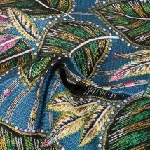 Tissu Jacquard Craftine Feuillage Exotique Fabrication Française Bleu - Au Mètre