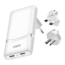 Akashi Chargeur De Voyage Gan 65w Prises Eu Us Uk Aus Avec 2x Usb-c Pd Blanc