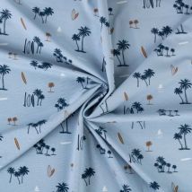 Tissu Jersey Coton Surf Et Palmier Sur Fond Bleu - Au Mètre - Craftine