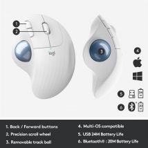 Logitech Trackball Sans Fil Ergo M575 Blanc Bluetooth + 2.4ghz - Logitech