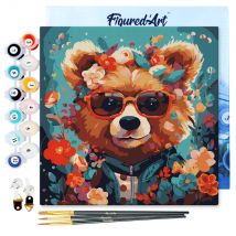 Mini Peinture Par Numéros Figured'art 20x20cm Avec Cadre Ourson Fantaisie Et Fleurs - Petit Format