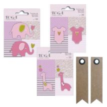 60 Formes Découpées Girafes, Éléphants Et Body Rose-vert-gris + 20 Étiquettes Kraft Fanion - Youdoit