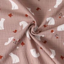 Tissu Double Gaze De Coton Petit Nordique Ours Blanc Sur Fond Vieux Rose - Au Mètre - Craftine